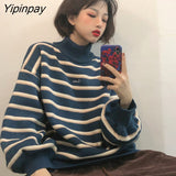 Yipinpay Winter Chic Pullover Women Striped Turtleneck Loose Knitwear Sweater Trendy Ulzzang Warm Student INS Coat Soft Daily Jumper