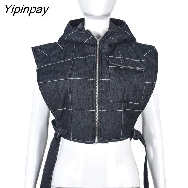 Yipinpay Women Sleeveless Jean Lace Up Vest Coat Female Zipper Fashion Designed Hoodies Streetwear Thickening Outwear Crop Top