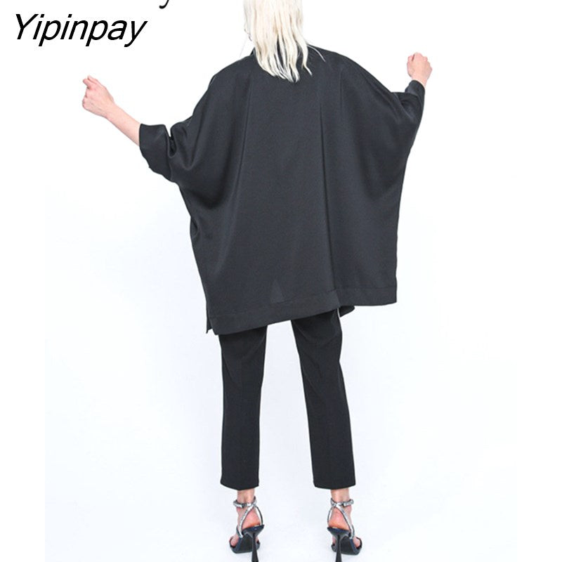 Yipinpay 2023 Autumn Oversize Bat Sleeve Gothic Long Trench Women Minimalist Style Black Zipper Up Coat Fall Outerwear Windbreaker