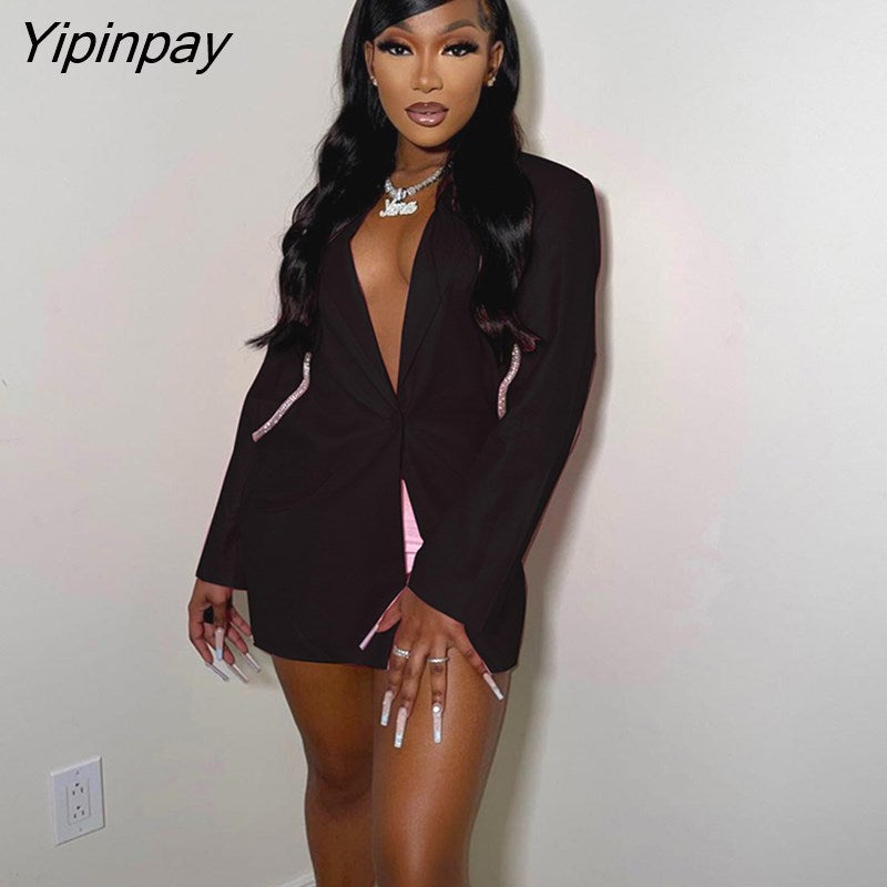 Yipinpay Cutout Backless Shinny Women's Blazer Female Long Sleeve One Button Suit Coat Tops 2023 Autumn Splicing Streetwear Outfit