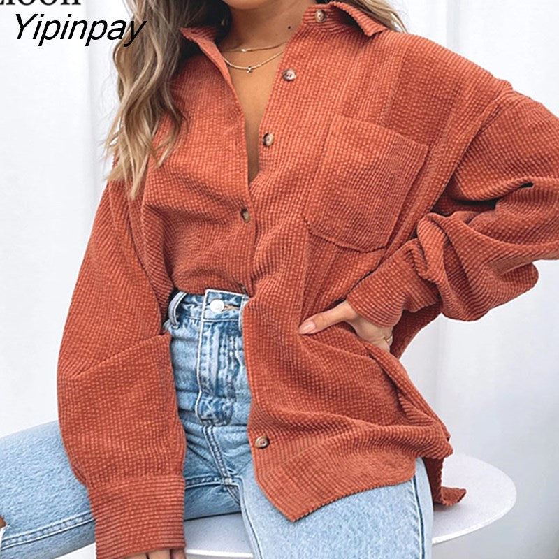 Yipinpay Corduroy Baggy Cardigan Jacket Women Fall 2023 Turndown Collar Button Up Pockets Streetwear Loose Thin Coats And Jackets