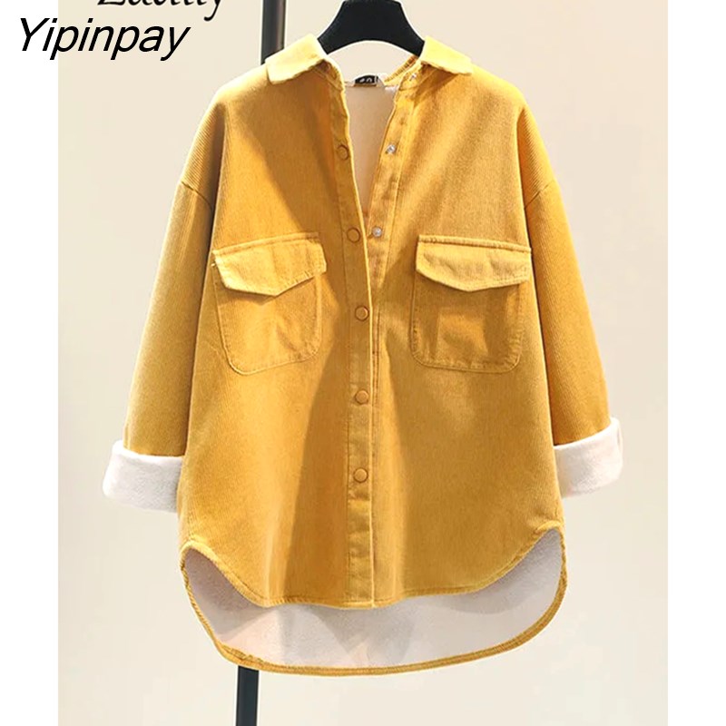 Yipinpay 2023 Winter Korean Style Long Sleeve Wool Liner Loose Corduroy Shirt Women Causal Button Tunic Blouse Female Tops Coat
