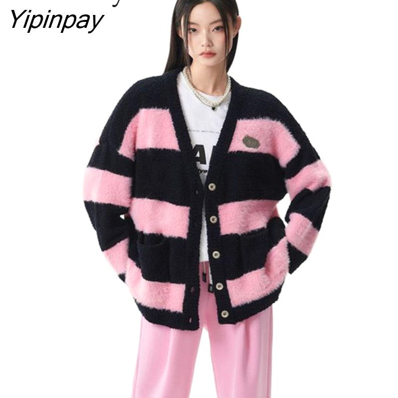 Yipinpay 2023 Winter Korean Style Long Sleeve Women Knit Cardigan Coat Casual Button Up Striped Loose Ladies Sweater Female Tops