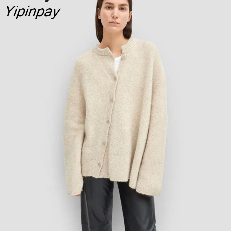 Yipinpay Winter Minimalist Style Irregular Button Up Women Sweater Chic Solid Knit Ladies Cardigan Coat Female Clothing Outwear