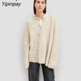 Yipinpay Winter Minimalist Style Irregular Button Up Women Sweater Chic Solid Knit Ladies Cardigan Coat Female Clothing Outwear