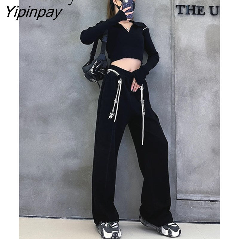 Yipinpay 2023 Autumn Wide Leg Bandage Women Full Pants Streetwear Chain Loose High Wasit Ladies Pants Female Black Trousers