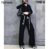 Yipinpay 2023 Autumn Wide Leg Bandage Women Full Pants Streetwear Chain Loose High Wasit Ladies Pants Female Black Trousers