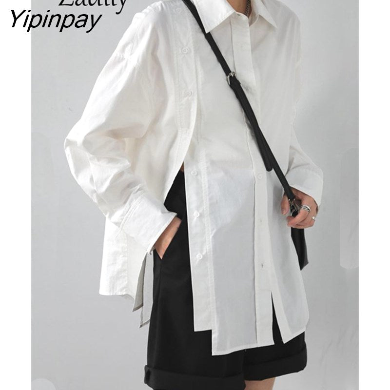 Yipinpay 2023 Spring New In Office Lady Long Sleeve Asymmetrical White Shirt Women Loose Double Breasted Button Tunic Blouse Tops 0406