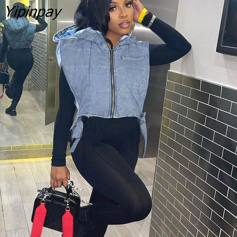 Yipinpay Women Sleeveless Jean Lace Up Vest Coat Female Zipper Fashion Designed Hoodies Streetwear Thickening Outwear Crop Top