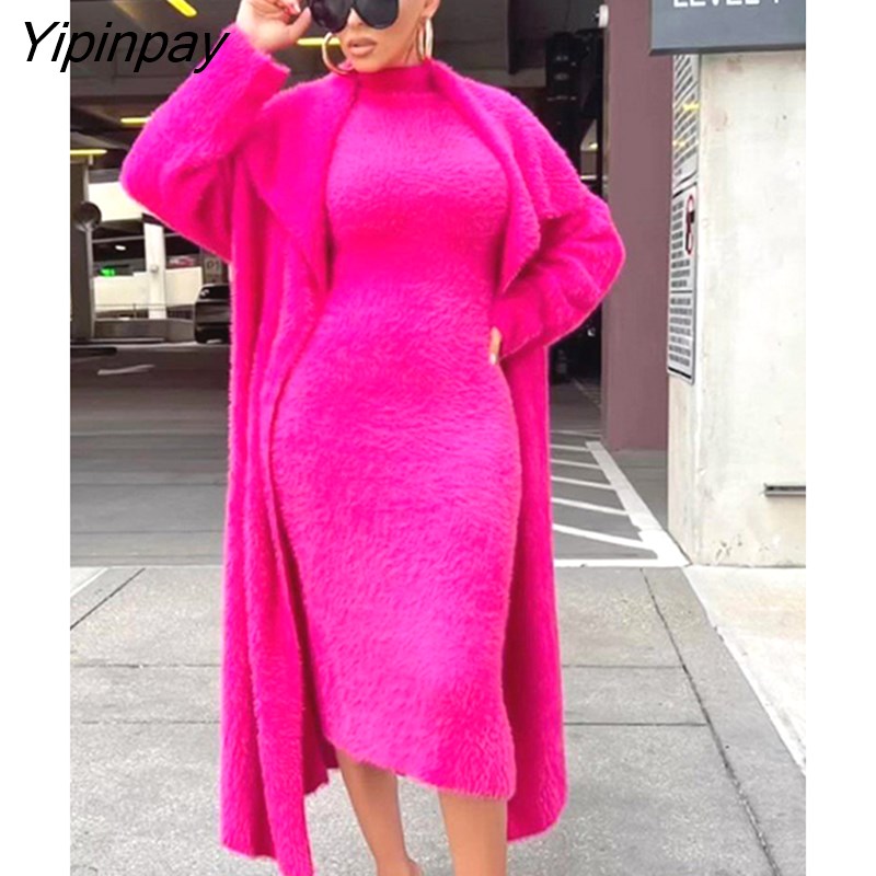 Yipinpay Women's Flannel Velvet Bodycon Midi Dress Long Cardigan Coat Matching Set Vintage Open Stitch Lapel Collar Long Sleeve Cardigan