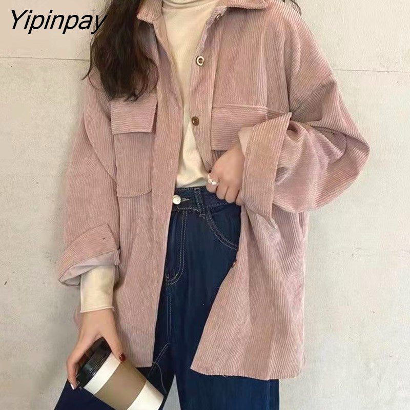 Yipinpay 2023 Winter Minimalist Long Sleeve Corduroy Shirt Women Korean Style Button Up Ladies Blouse Coat Female Clothing Tops