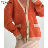 Yipinpay Block Plaid Knit Sweater Sexy Button Up Cardigan Long Sleeve Loose Tops V Neck With Pockets Streetwear Baggy Sweater Coats