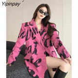 Yipinpay 2023 Autumn Streetwear Tie Dye Full Sleeve Long Blazer Women Pink Loose Ladies Suit Blazers Party Female Coat Clothing