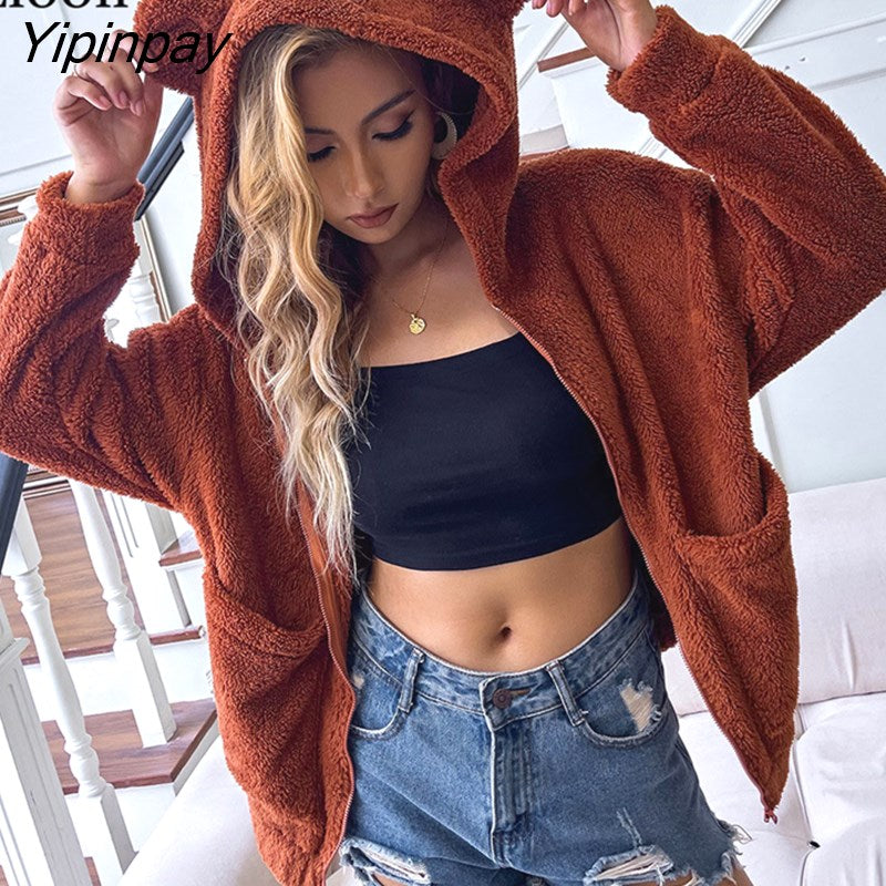 Yipinpay Plush Sweatshirt Cardigan Coat Women 2023 Long Sleeve Zip Up Pockets Streetwear Hooded Sweatshirts Baggy Coats And Jackets