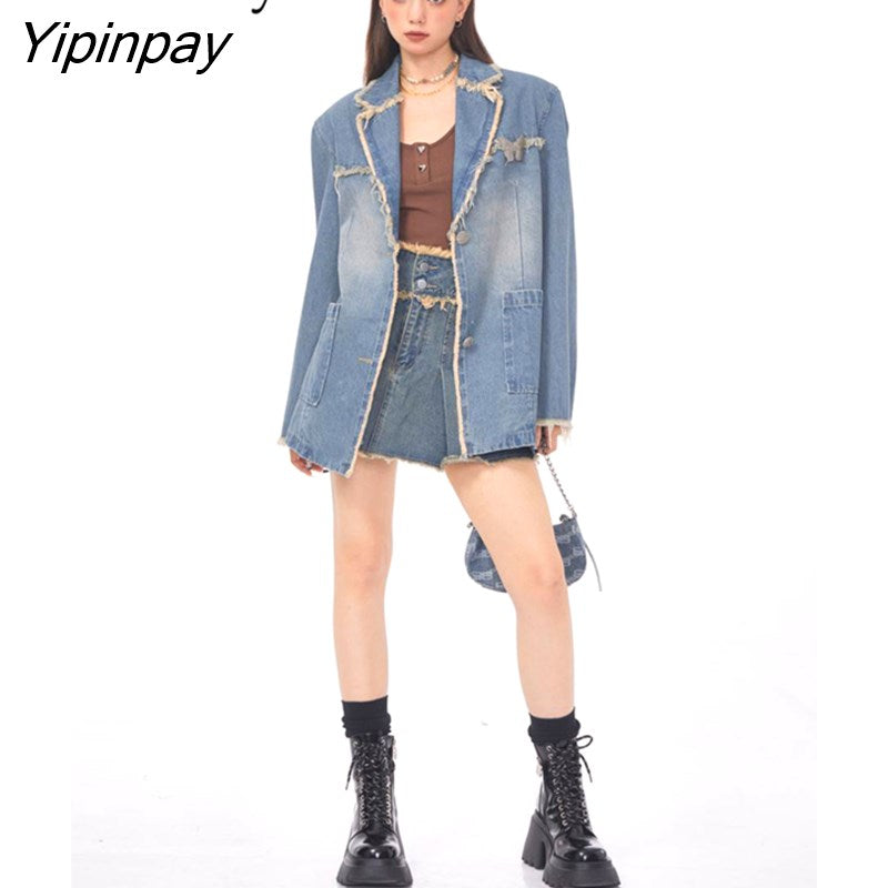 Yipinpay 2023 Winter Streetwear Long Sleeve Demin Blazer Women Oversize Distressed Ladies Suit Blazers Fall Female Coat Clothing