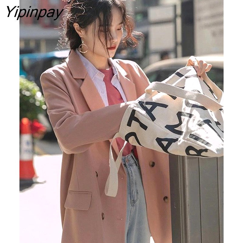 Yipinpay 2023 Autumn Korean Style Long Sleeve Pink Women Blazer Office Lady Suit Blazers Work Winter Female Loose Clothing Coat
