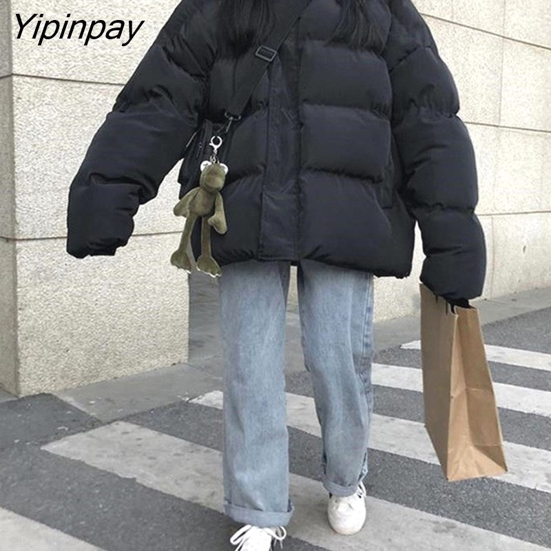 Yipinpay Women's Winter Jacket Oversize Down Coat Cardigan Cotton Zipper Loose Casual Vintage  Long Sleeve Tops Parka Streetwear Clothing