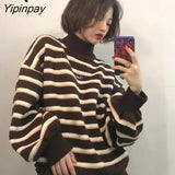 Yipinpay Winter Chic Pullover Women Striped Turtleneck Loose Knitwear Sweater Trendy Ulzzang Warm Student INS Coat Soft Daily Jumper
