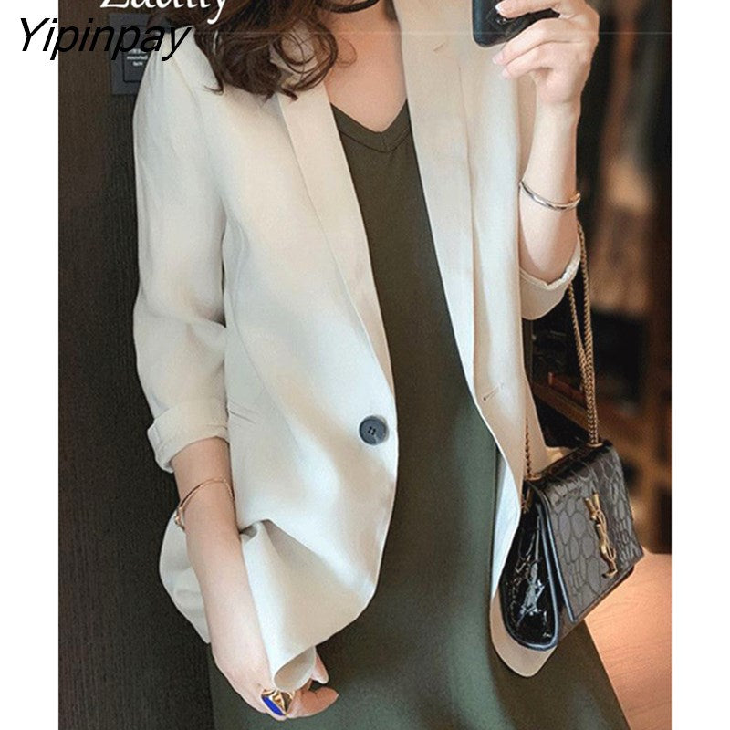 Yipinpay Korean Style Nine Quarter Sleeve Women Blazer Office Lady Slim Ladies Suit Blazers 2023 Autumn Work Female Clothing Coat