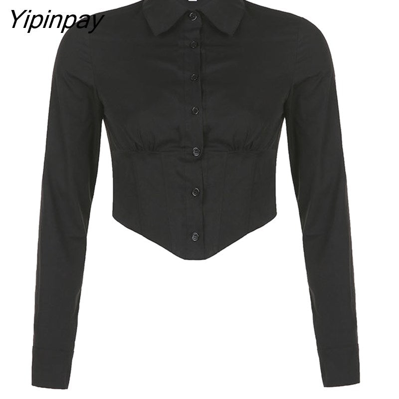 Yipinpay 2023 Autumn Y2K Sexy Long Sleeve Folds Women Shirt Street Gothic Button Ladies Crop Top Club Female Clothing Blouse Tops