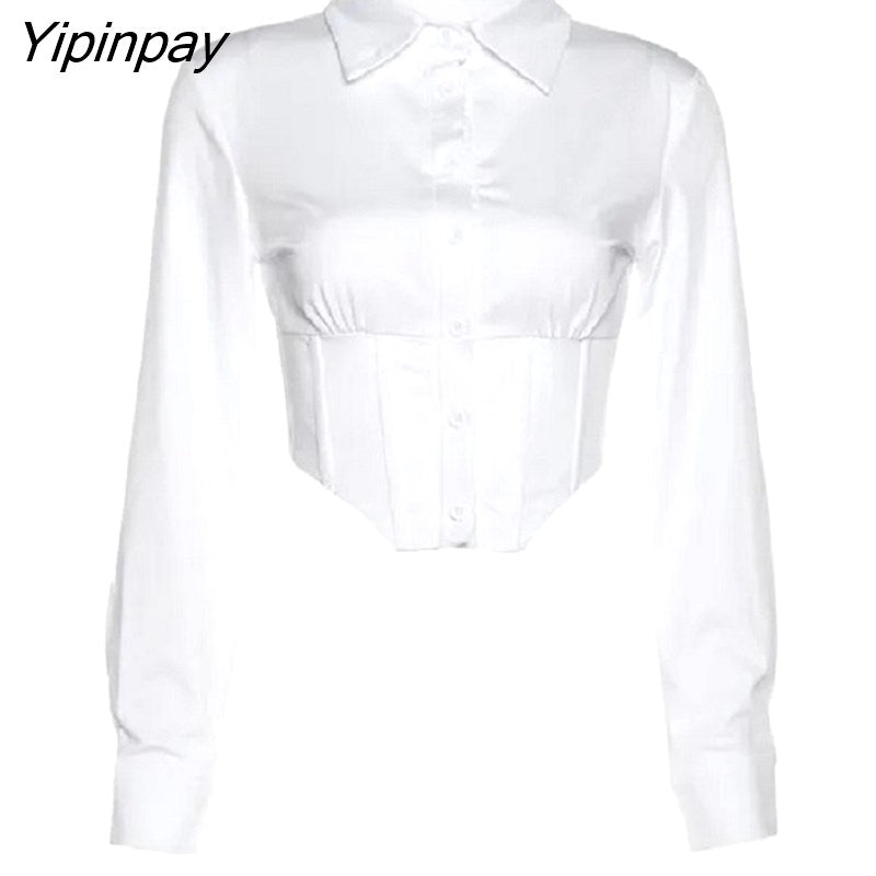 Yipinpay 2023 Autumn Y2K Sexy Long Sleeve Folds Women Shirt Street Gothic Button Ladies Crop Top Club Female Clothing Blouse Tops