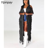 Yipinpay Women's Elegant knitted Ribbed Short Sleeve Tassel Maxi Long Cardigan Sweater 2023 Fashion chic Hole Capes Ponchos Outcoat
