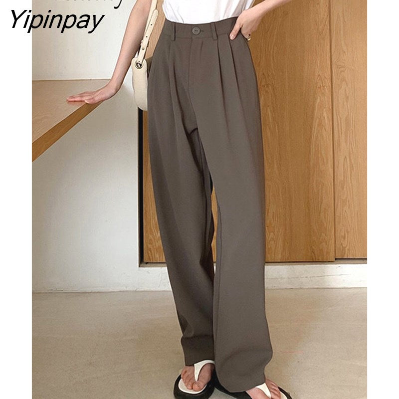 Yipinpay 2023 Autumn Fashion Wide Leg Women Classic Suit Pants Office Lady Elegant Casual Black Trousers Female High Wasit Pants