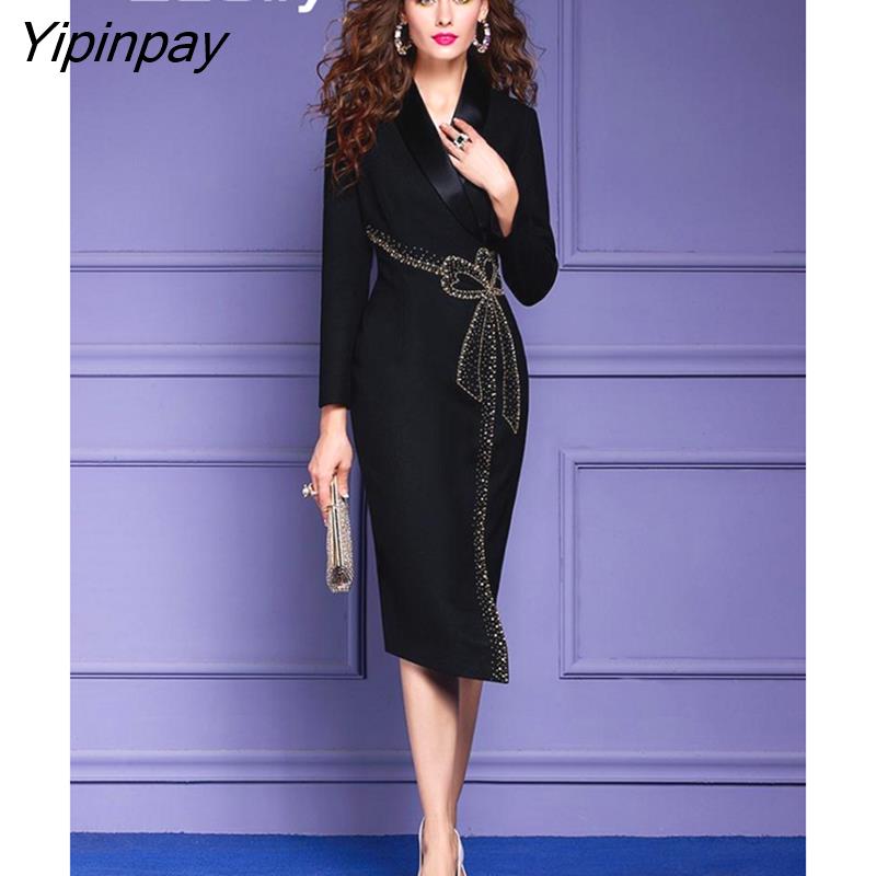 Yipinpay 2023 Spring Elegant Fashion Long Sleeve Black Evening Dress Women Office Lady Empire A-Line Work Dresses Party Vestidos