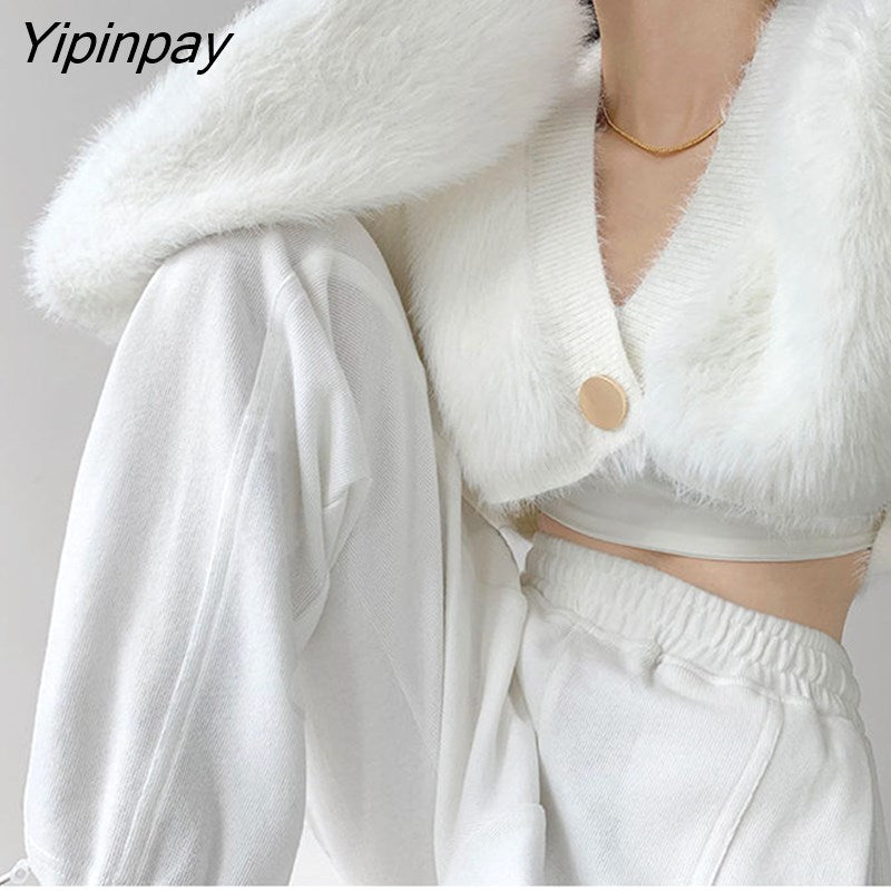 Yipinpay 2023 Winter Sexy Mohair Long Sleeve Button Up Women Cardigan Korea Style Solid Ladies Short Sweater Coat Party Clothing