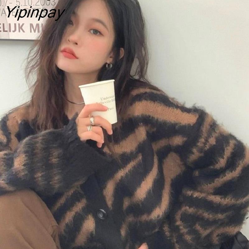 Yipinpay 2023 Autumn Street Style Zebra pattern Knit Women's Sweater Y2K Button Up Loose Long Sleeve Cardigan Coat Winter Outwear