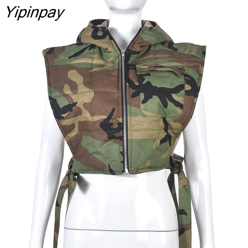 Yipinpay Women Sleeveless Jean Lace Up Vest Coat Female Zipper Fashion Designed Hoodies Streetwear Thickening Outwear Crop Top