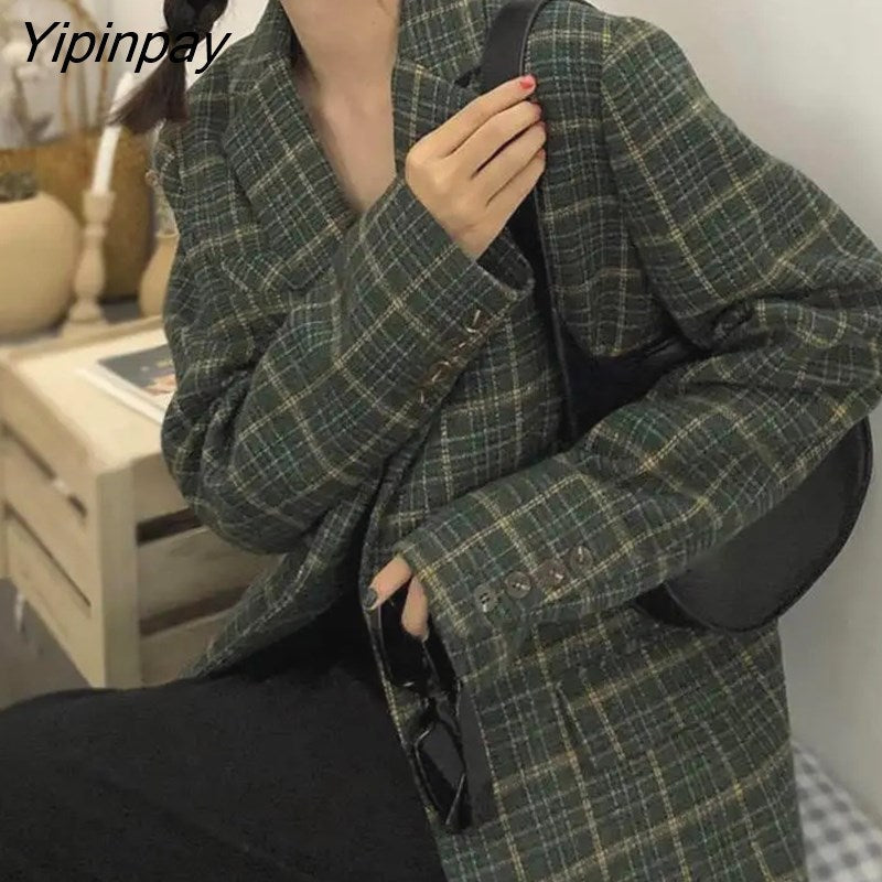 Yipinpay Vintage Women Chic Office Lady Single Breasted Plaid Blazer Coat 2023 Winter Notched Collar Long Sleeve Outerwear Tops