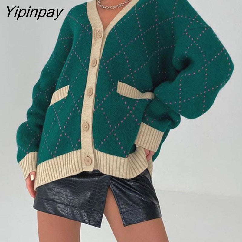 Yipinpay Block Plaid Knit Sweater Sexy Button Up Cardigan Long Sleeve Loose Tops V Neck With Pockets Streetwear Baggy Sweater Coats