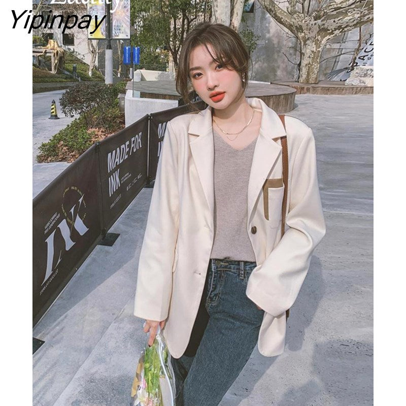 Yipinpay 2023 Autum Oversize Full Sleeve Women Blazer Office Lady Patchwork Loose Suit Blazers Work Female Clothing Jackets Coat