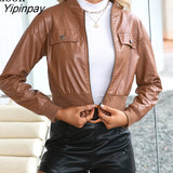 Yipinpay Leather Brown Biker Cropped Jackets Women Zipper Up Moto Jacket Long Sleeve Autumn Slim Short Coat Streetwear Women 2023
