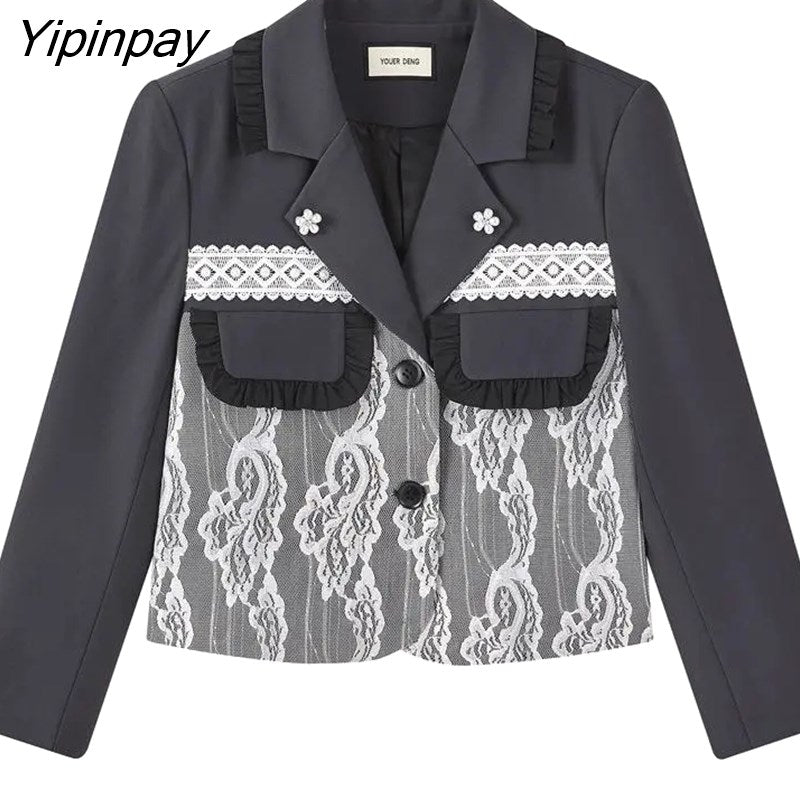 Yipinpay 2023 Autum Floral Lace Full Sleeve Women Short Blazer jacket Korean style Patchwork Suit Blazer Work Female Clothing Coat