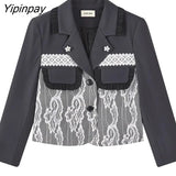 Yipinpay 2023 Autum Floral Lace Full Sleeve Women Short Blazer jacket Korean style Patchwork Suit Blazer Work Female Clothing Coat