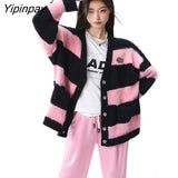 Yipinpay 2023 Winter Korean Style Long Sleeve Women Knit Cardigan Coat Casual Button Up Striped Loose Ladies Sweater Female Tops