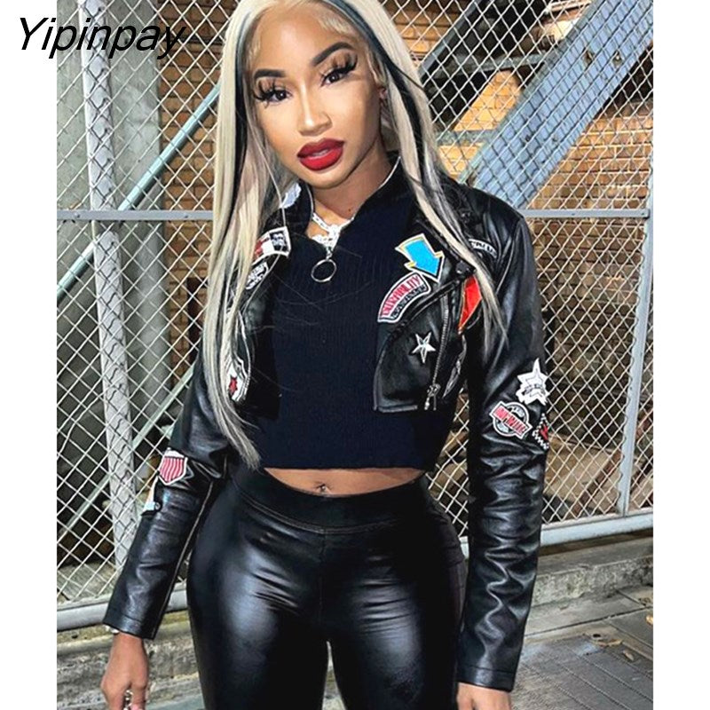 Yipinpay PU Leather Crop Jacket For Women Zipper Lapel Motorcycle Jacket Coat 2023 Spring Punk Embroidery High Street Outwear