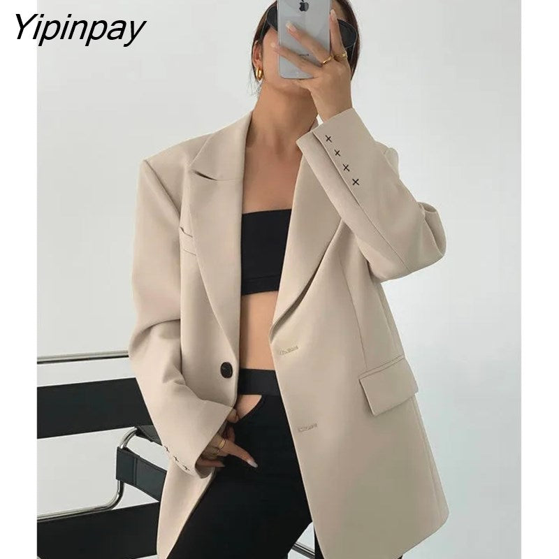 Yipinpay 2023 Autum Oversize Full Sleeve Long Women Blazer Office Lady Solid Work Suit Blazers Work Female Clothing Jackets Coat