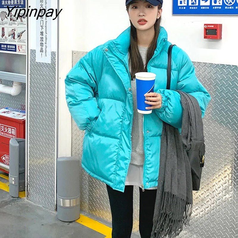 Yipinpay Women's Winter Jacket Oversize Down Coat Cardigan Cotton Zipper Loose Casual Vintage  Long Sleeve Tops Parka Streetwear Clothing