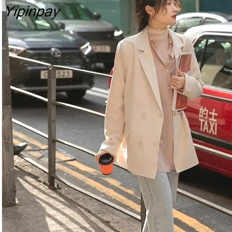 Yipinpay 2023 Autumn Korean Style Long Sleeve Pink Women Blazer Office Lady Suit Blazers Work Winter Female Loose Clothing Coat
