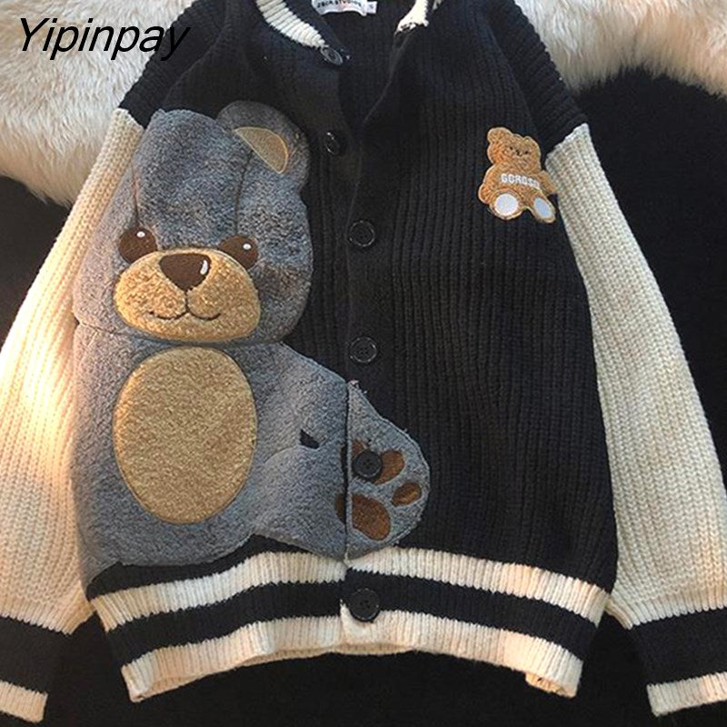 Yipinpay For Women's Sweater Oversize Cropped Coat Y2k Long Sleeve Tops Bear Knitted Korean Fashion Female Coat Winter Clothes