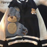 Yipinpay For Women's Sweater Oversize Cropped Coat Y2k Long Sleeve Tops Bear Knitted Korean Fashion Female Coat Winter Clothes