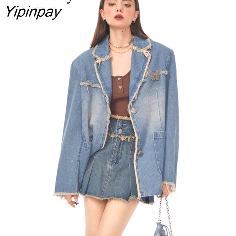 Yipinpay 2023 Winter Streetwear Long Sleeve Demin Blazer Women Oversize Distressed Ladies Suit Blazers Fall Female Coat Clothing