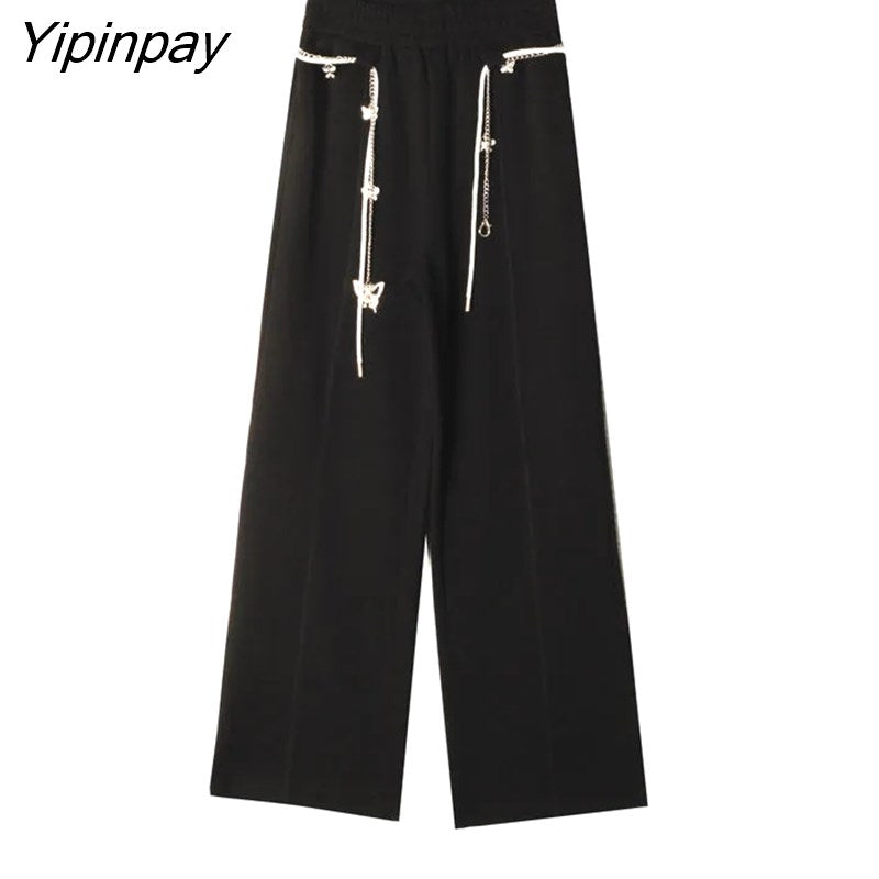 Yipinpay 2023 Autumn Wide Leg Bandage Women Full Pants Streetwear Chain Loose High Wasit Ladies Pants Female Black Trousers