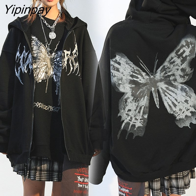Yipinpay Women Hip Hop Women Y2k Jacket butterfly Print Coat Goth Harajuku aesthetic Clothes grunge Streetwear Hoodies Punk Jacket Zip-up