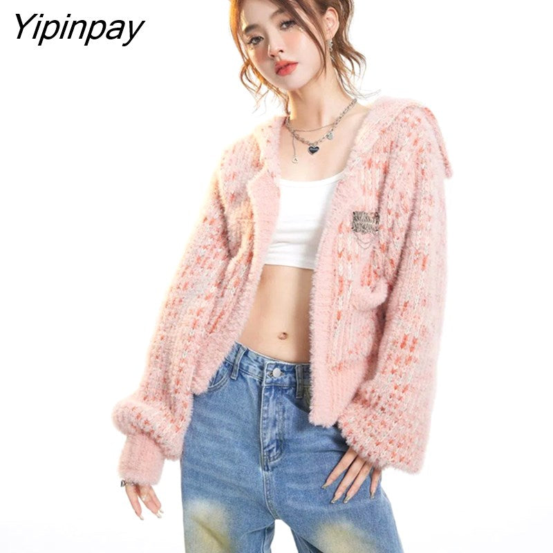 Yipinpay 2023 Winter Casual Long Sleeve Women Short Sweater Korean Style Zipper Up Ladies Knit Cardigan Coat Female Clothing Tops