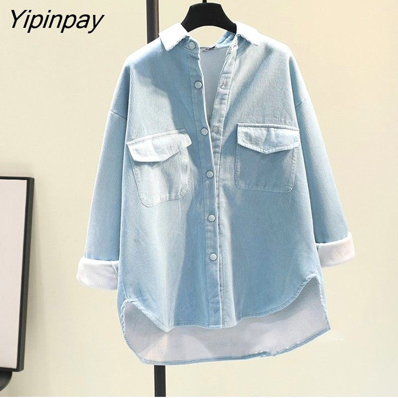 Yipinpay 2023 Winter Korean Style Long Sleeve Wool Liner Loose Corduroy Shirt Women Causal Button Tunic Blouse Female Tops Coat