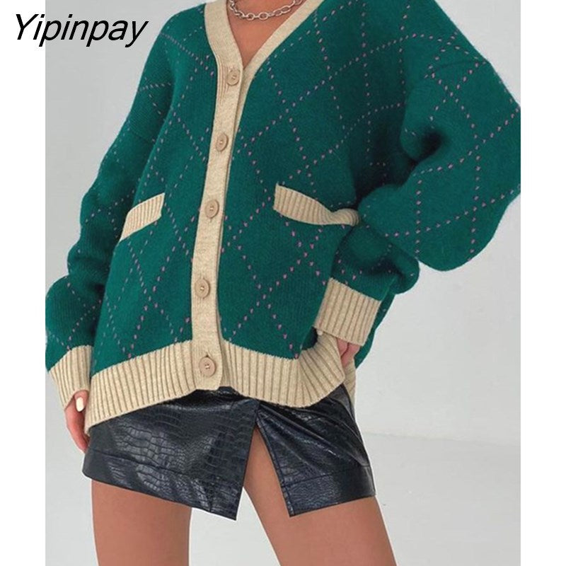 Yipinpay Block Plaid Knit Sweater Sexy Button Up Cardigan Long Sleeve Loose Tops V Neck With Pockets Streetwear Baggy Sweater Coats